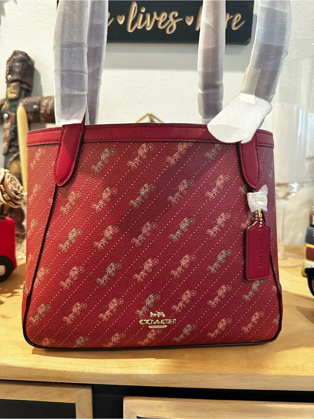 Coach Red Signature Monogram Tote with Gold Logo